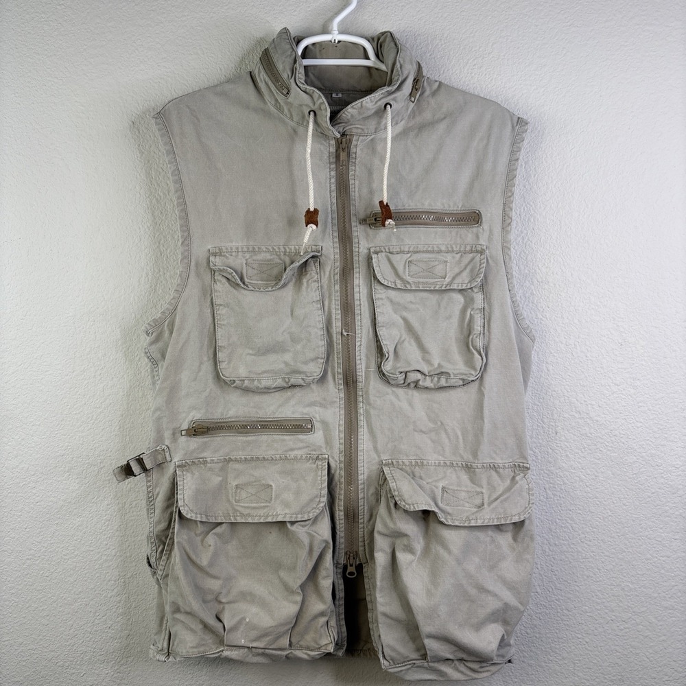 VTG Banana Republic Safari Utility Vest S/M Hunting Photographer Beige hooded
